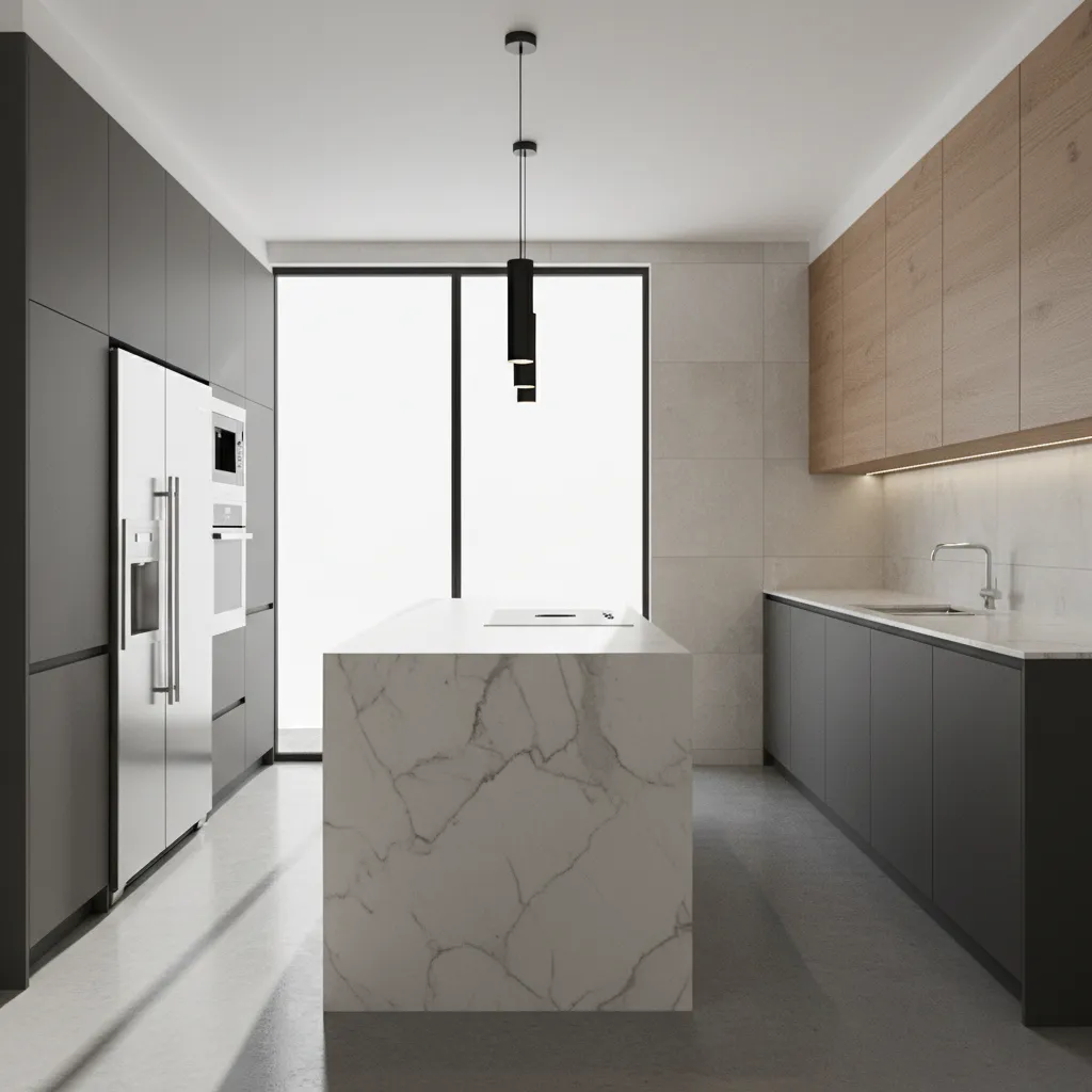 photorealistic 3D kitchen rendering showing cabinets countertops and lighting design