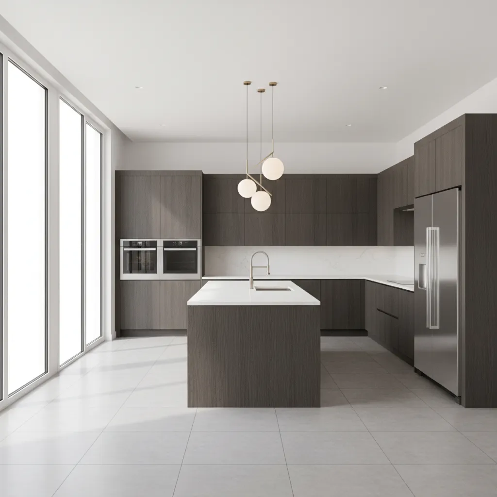 Realistic 3D kitchen renovation visualization with modern cabinets and lighting