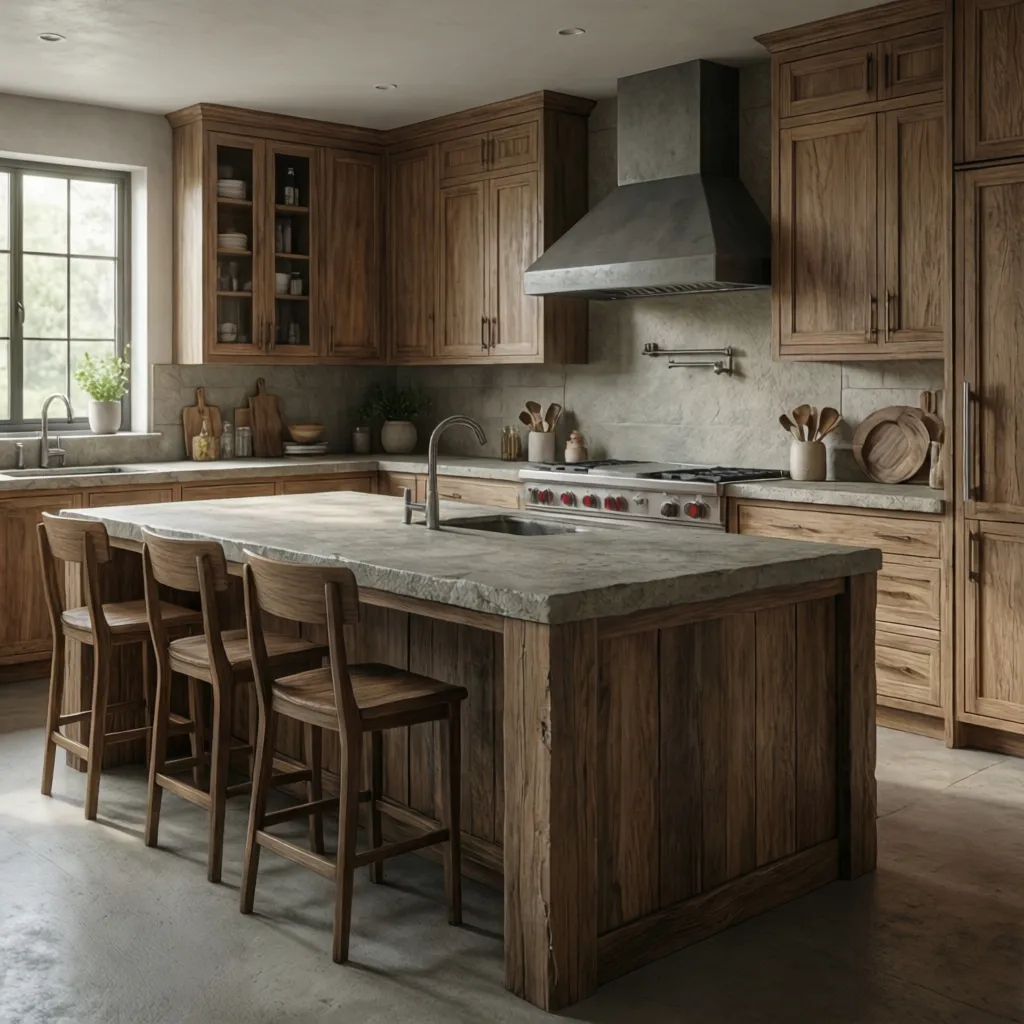Visualización 3D de una cocina moderna con isla central