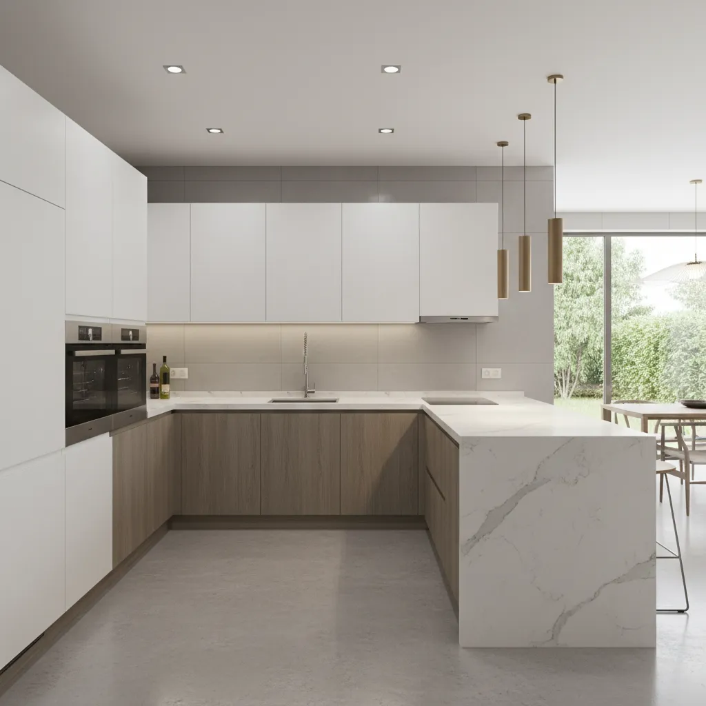3D render of a modern L shaped modular kitchen design