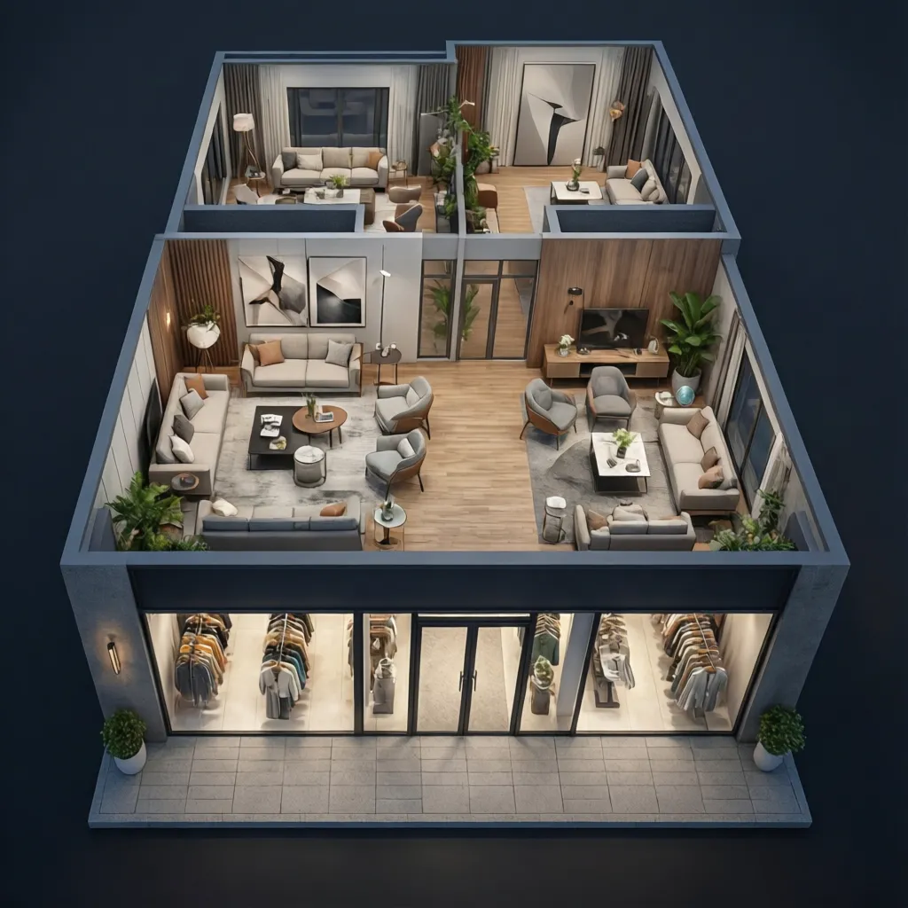Plano 3D de vivienda con local comercial en planta baja