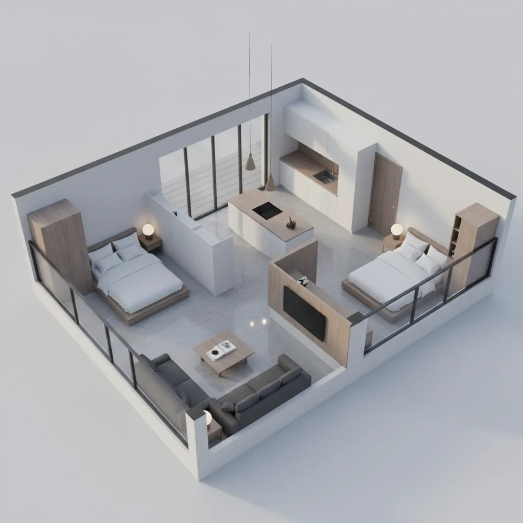 Visualisasi 3D tata ruang rumah kecil tipe 45