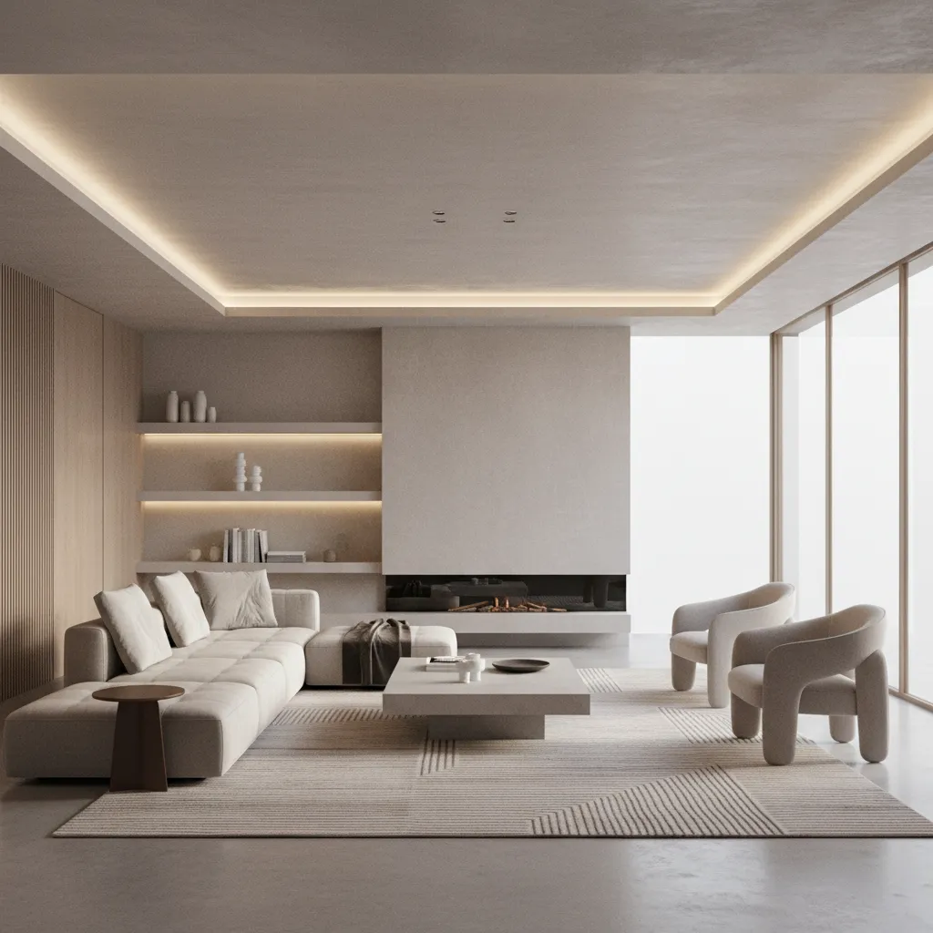 Render 3D de interior mostrando simulación de iluminación