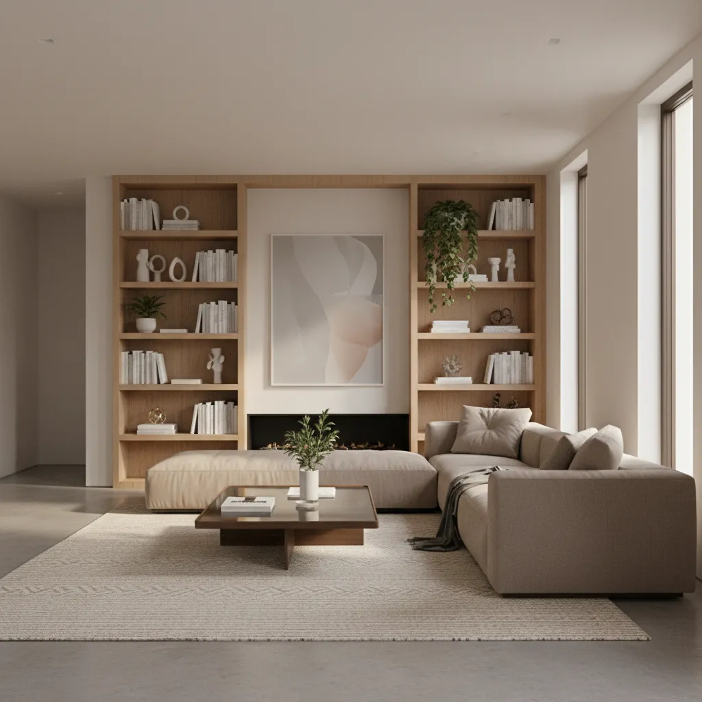 Modelo 3D de salón con sofá mesa y decoración