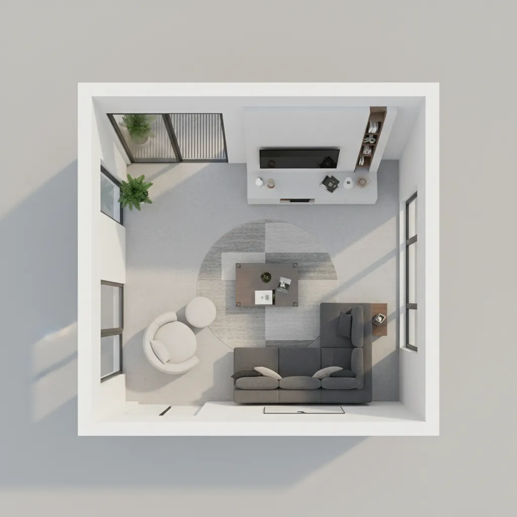 Top down interior design drawing showing living room layout with grey sofa, armchair, and footrest