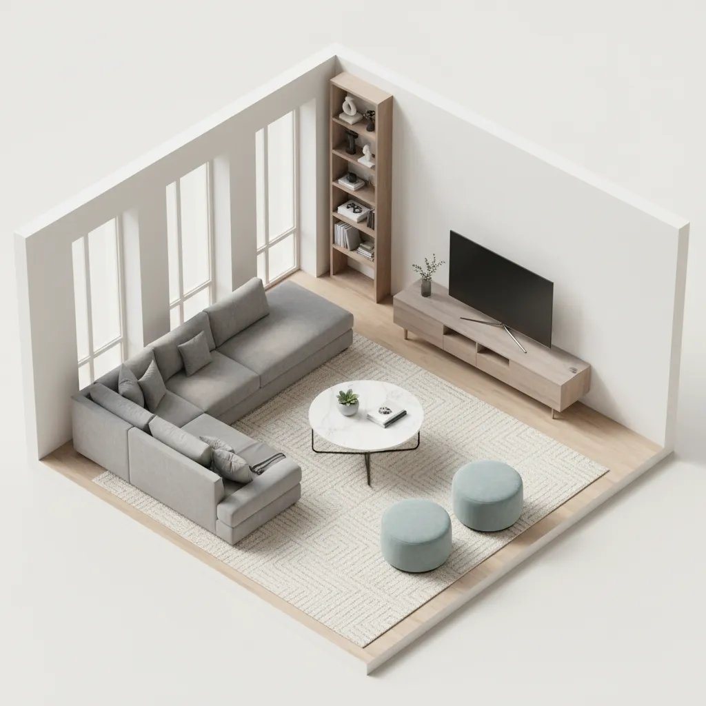 Plano 3D de una sala mostrando distribución del espacio y muebles