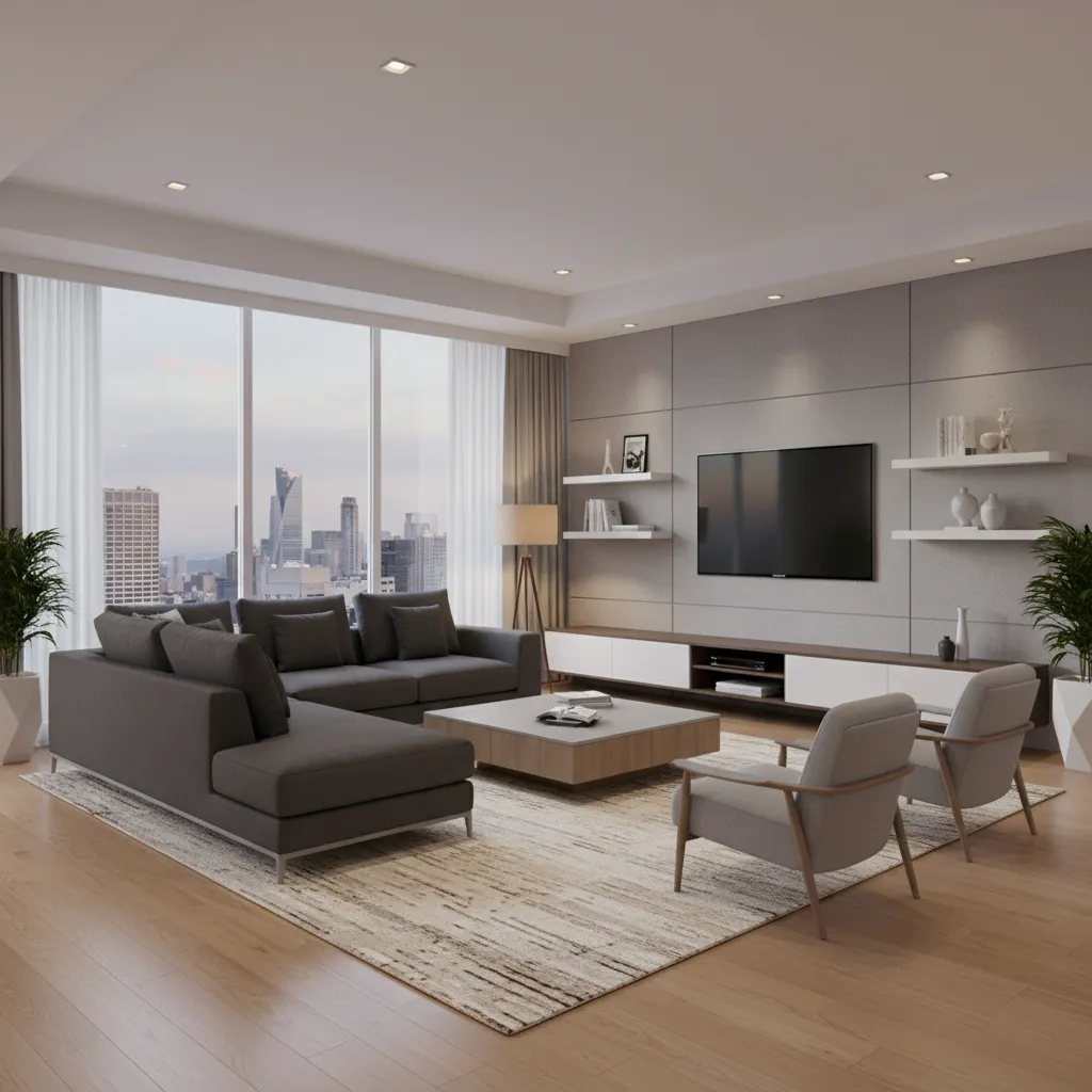 Visualización 3D de distribución de sala con sofá, televisión y mesa de centro