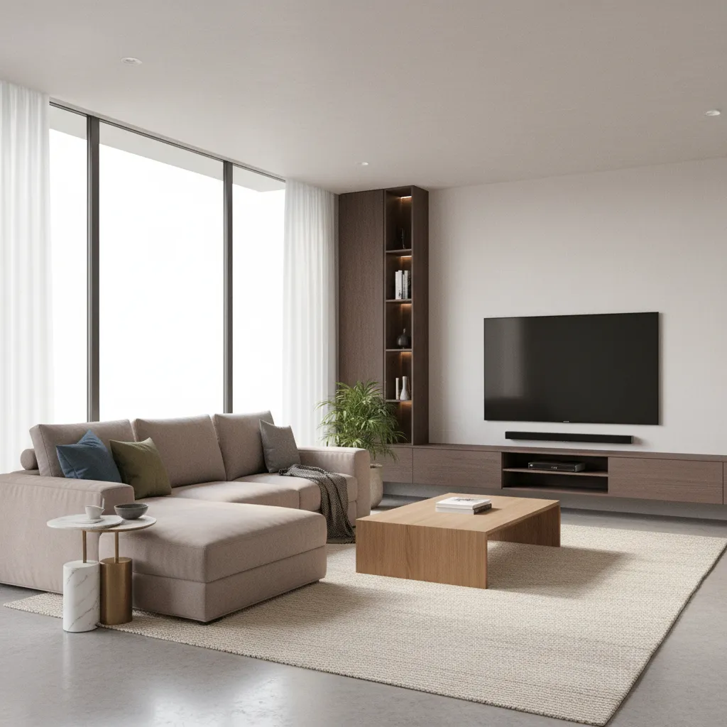 Modern living room with beige sofa wooden coffee table large windows and wall mounted television