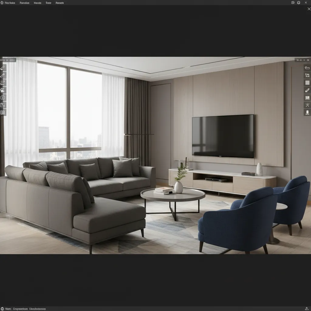 Visualización 3D de distribución de un salón con diferentes muebles