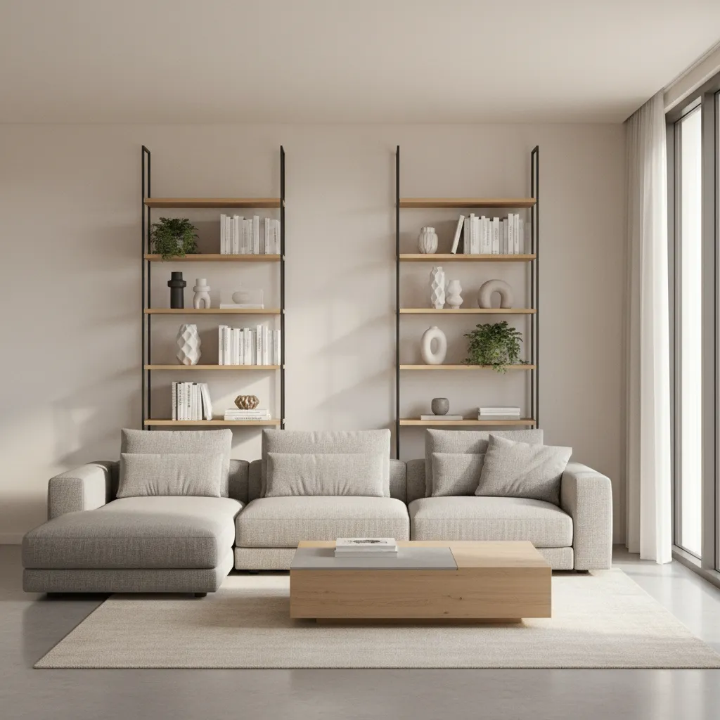 Vista 3D de la distribución de un salón con sofá, mesa y estanterías