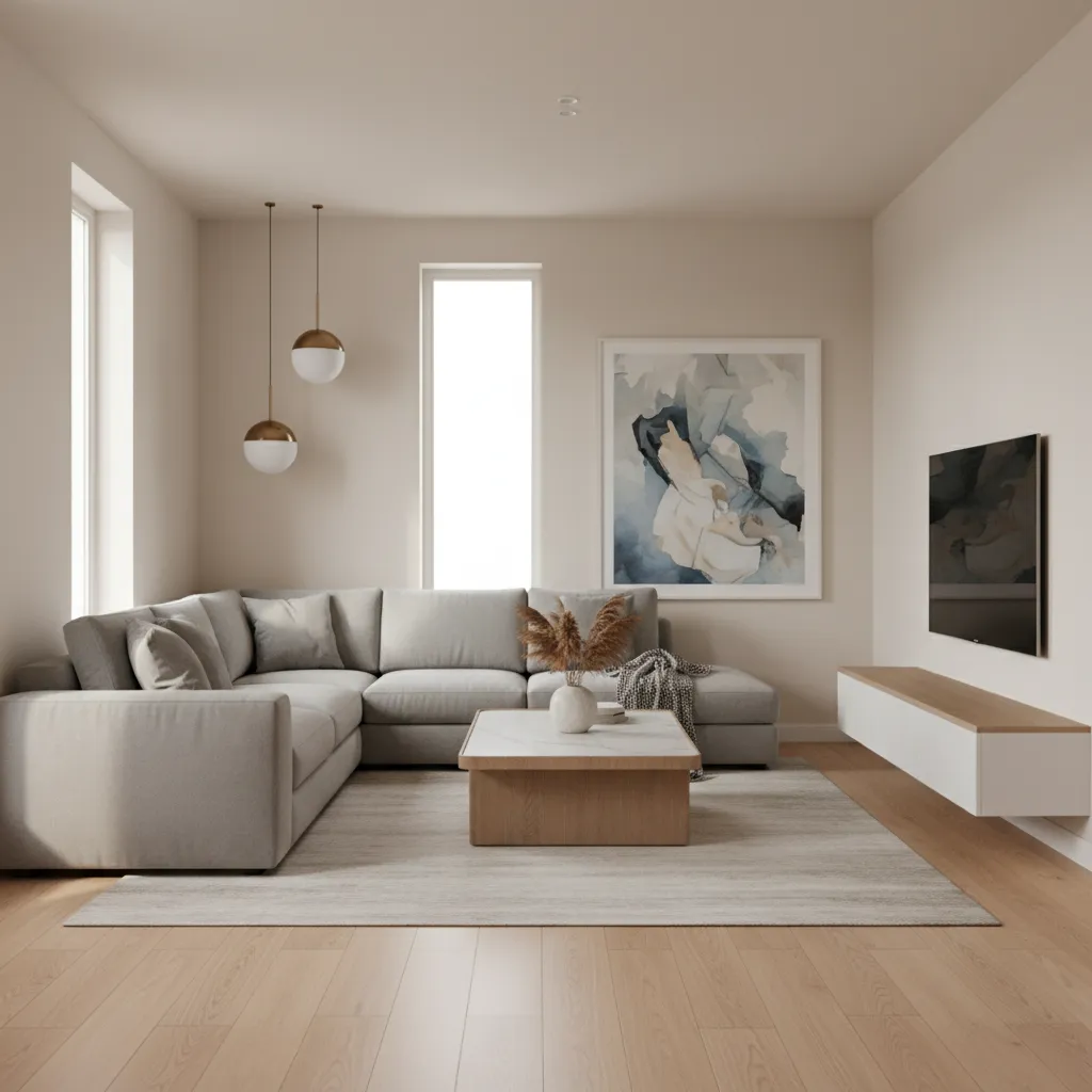 3D visualization of a living room furniture layout with sofa coffee table and TV wall