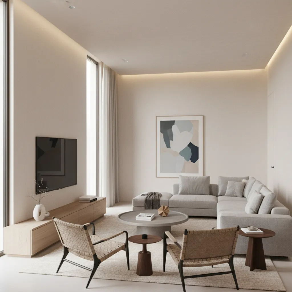 3D visualization of living room with sectional sofa facing wall mounted TV