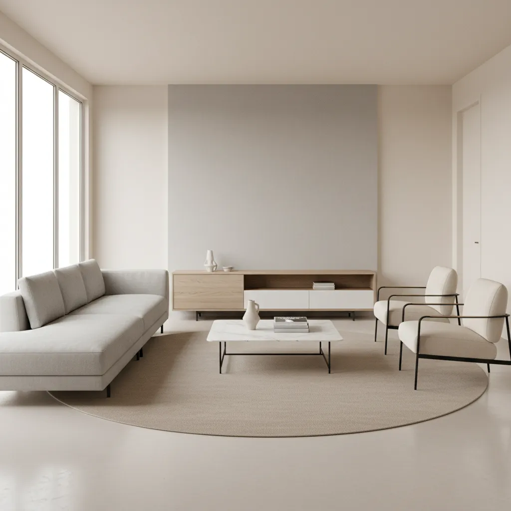 3D rendered visualization of a compact living room layout