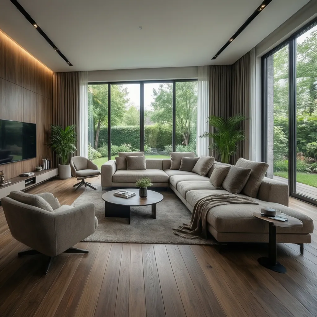 Visualización 3D de un salón moderno generado con software de diseño
