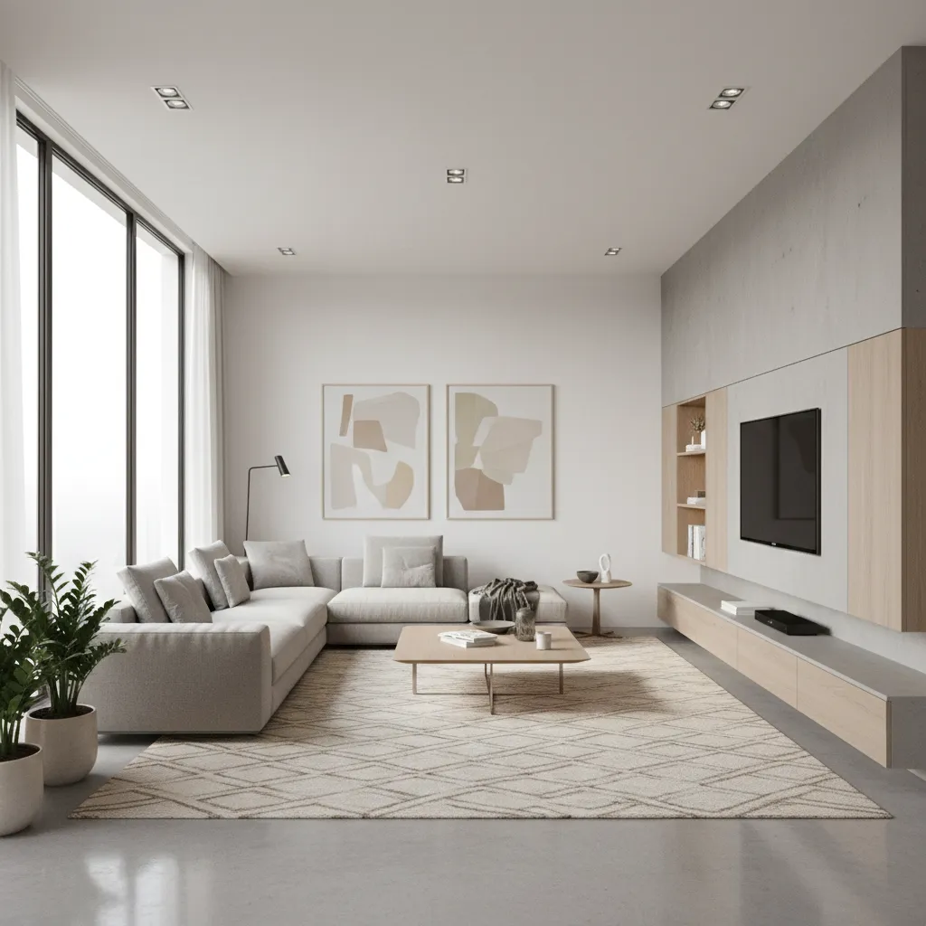 Visualización 3D de un salón moderno con sofá y mesa central