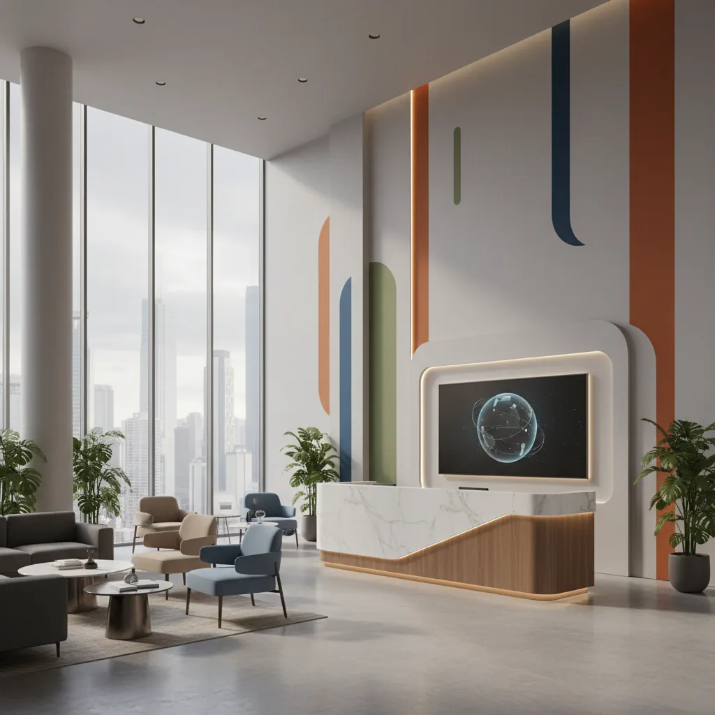 Render 3D realista de un lobby moderno antes de su construcción