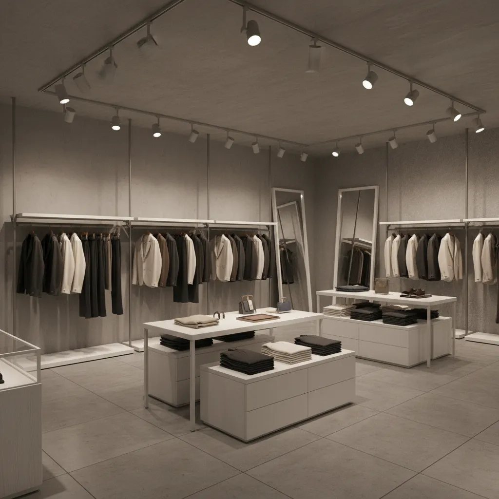 3d rendered menswear store concept showing racks display walls and lighting layout