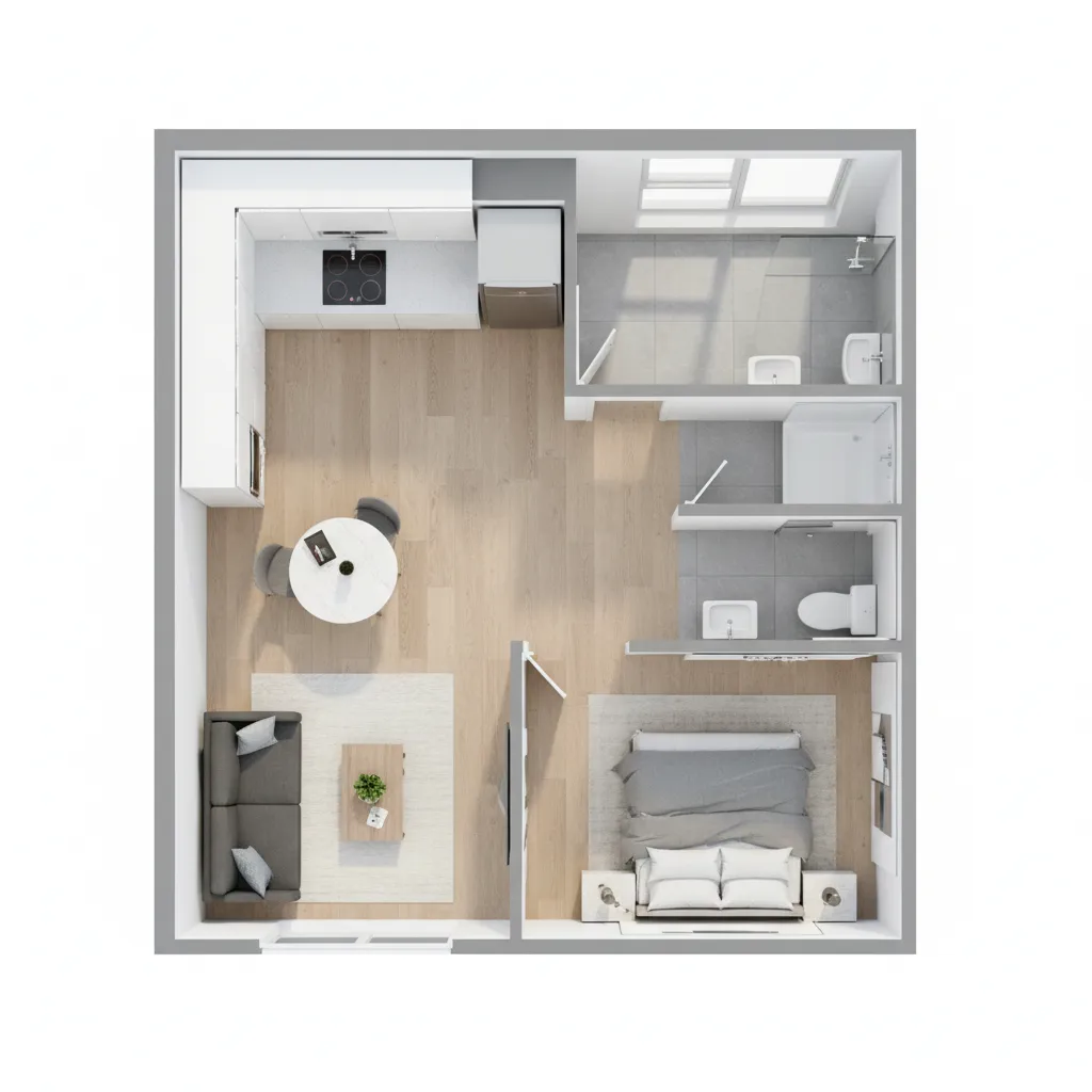 3D apartment floor plan used in a property listing presentation