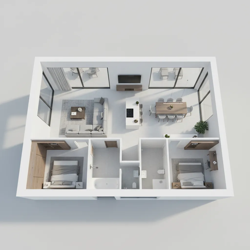 Visualisasi denah rumah minimalis dalam tampilan tiga dimensi