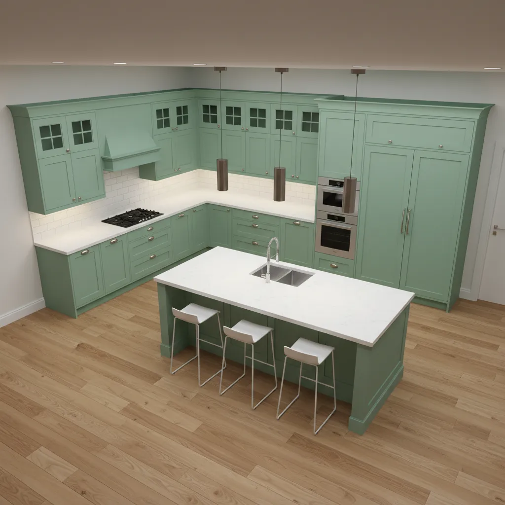 3D visualization of kitchen layout with mint cabinets