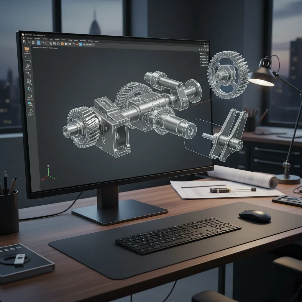 Complex mechanical 3D assembly with some components removed for printing preparation