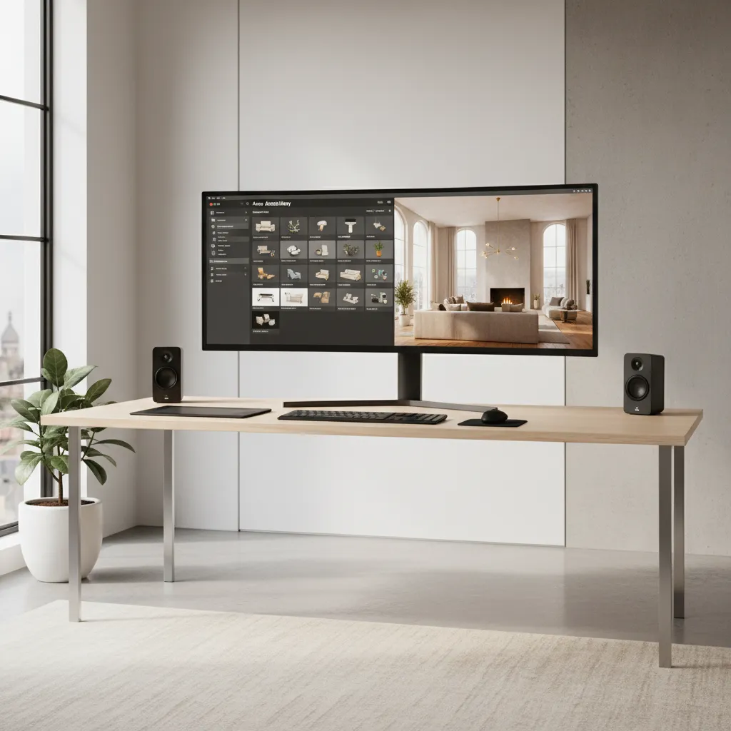 Designer browsing a professional 3D asset library for interior visualization workflow