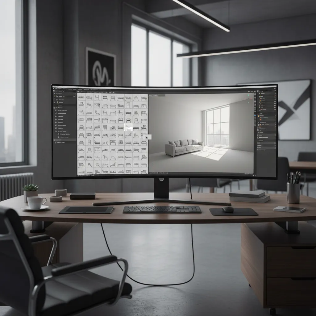 Designer browsing a digital 3D asset library for scene building