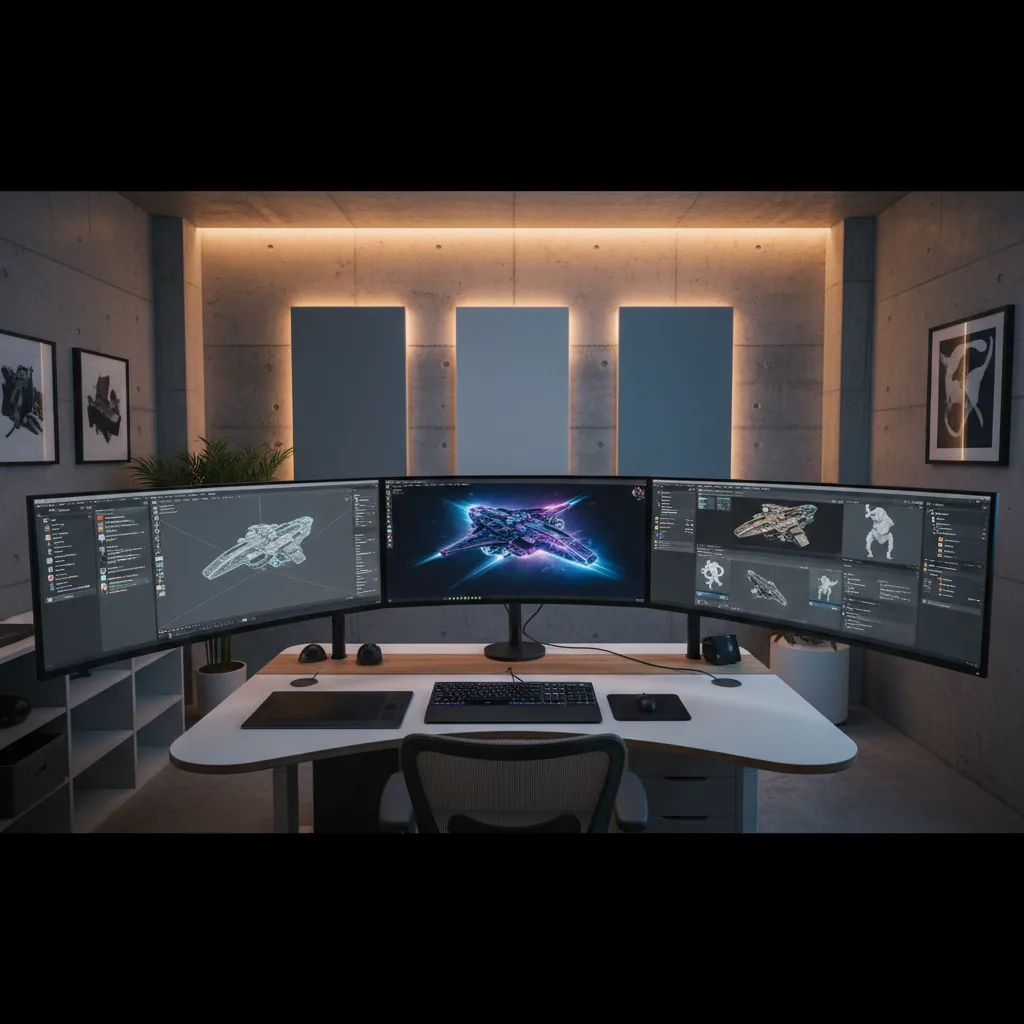 Triple monitor setup showing 3D spaceship model on white desk with keyboard and drawing tablet