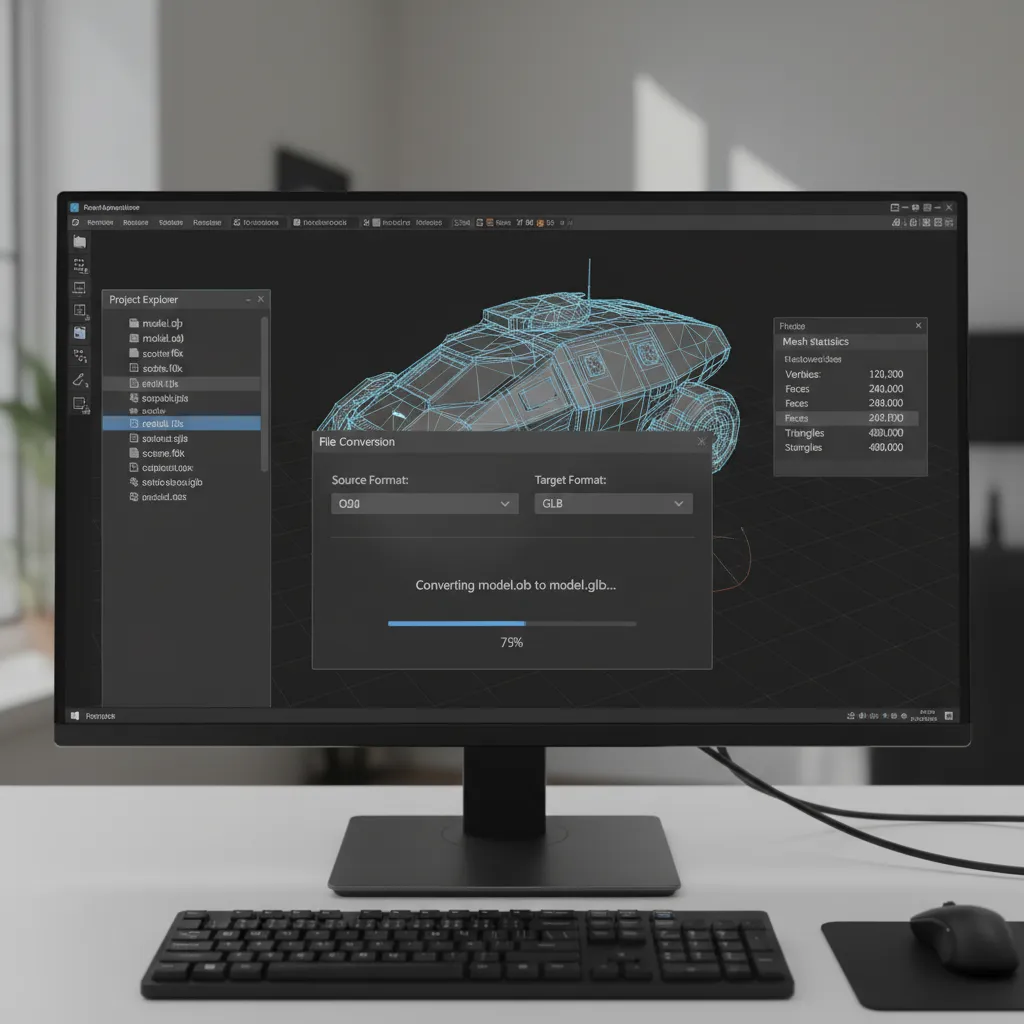 3D modeling software converting file formats between OBJ FBX and GLB