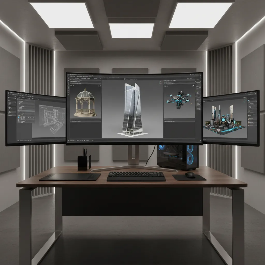 3D software interface showing OBJ FBX and GLTF models loaded for comparison