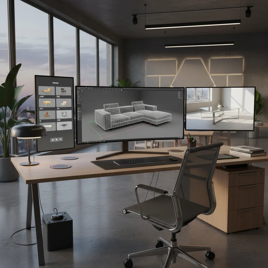 Multiple 3D models displayed in a rendering environment representing different file formats