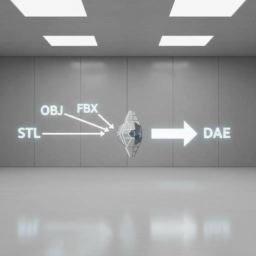 3D model displayed with arrows showing conversion between OBJ FBX and DAE formats