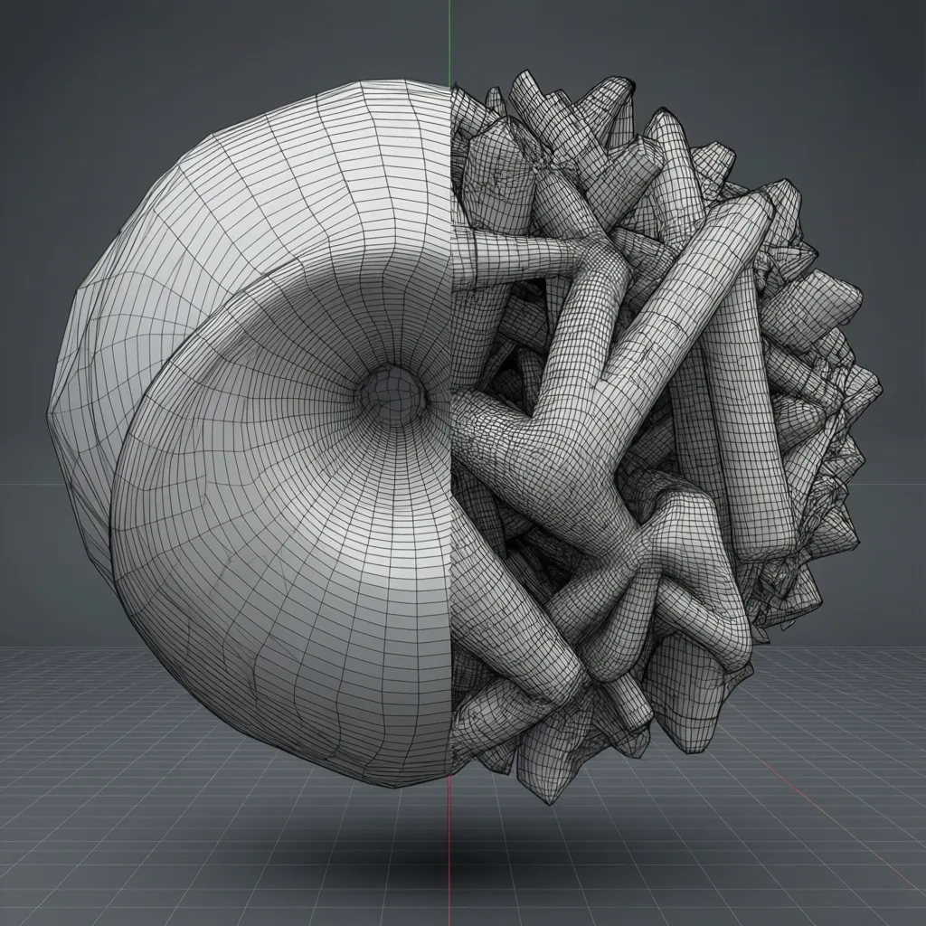 Wireframe comparison showing low polygon and high polygon 3D model structures