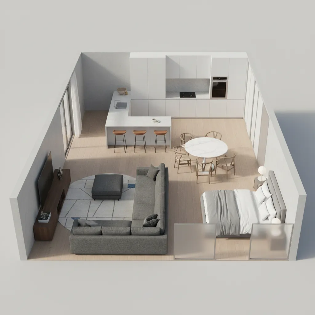 3D layout model showing furniture placement and room circulation paths