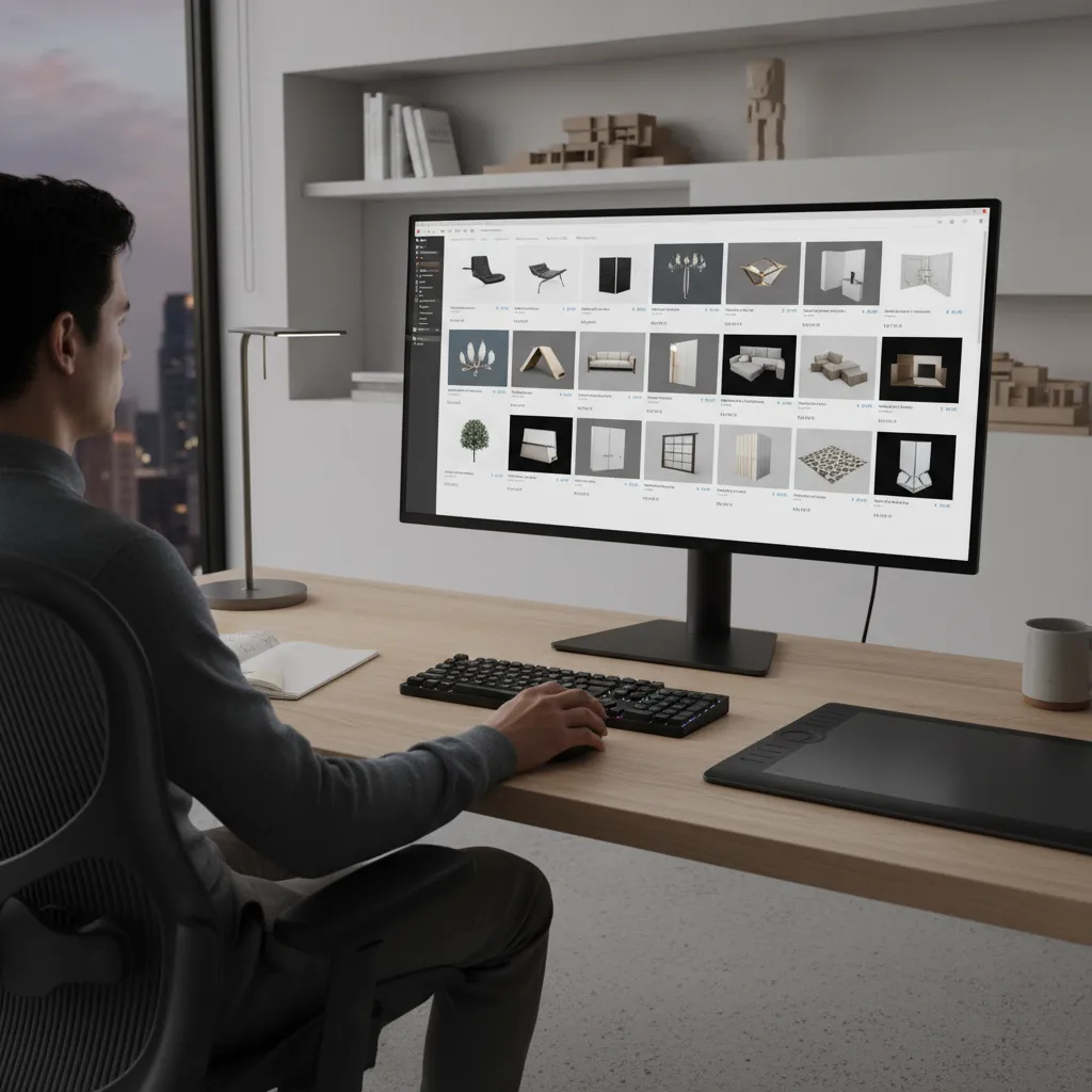 Designer browsing a large online 3D model library interface with preview thumbnails