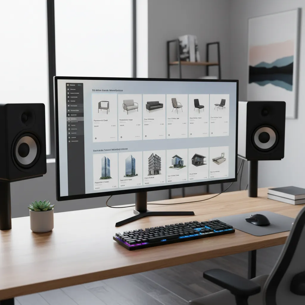 Digital interface showing multiple downloadable 3D models in an online asset library