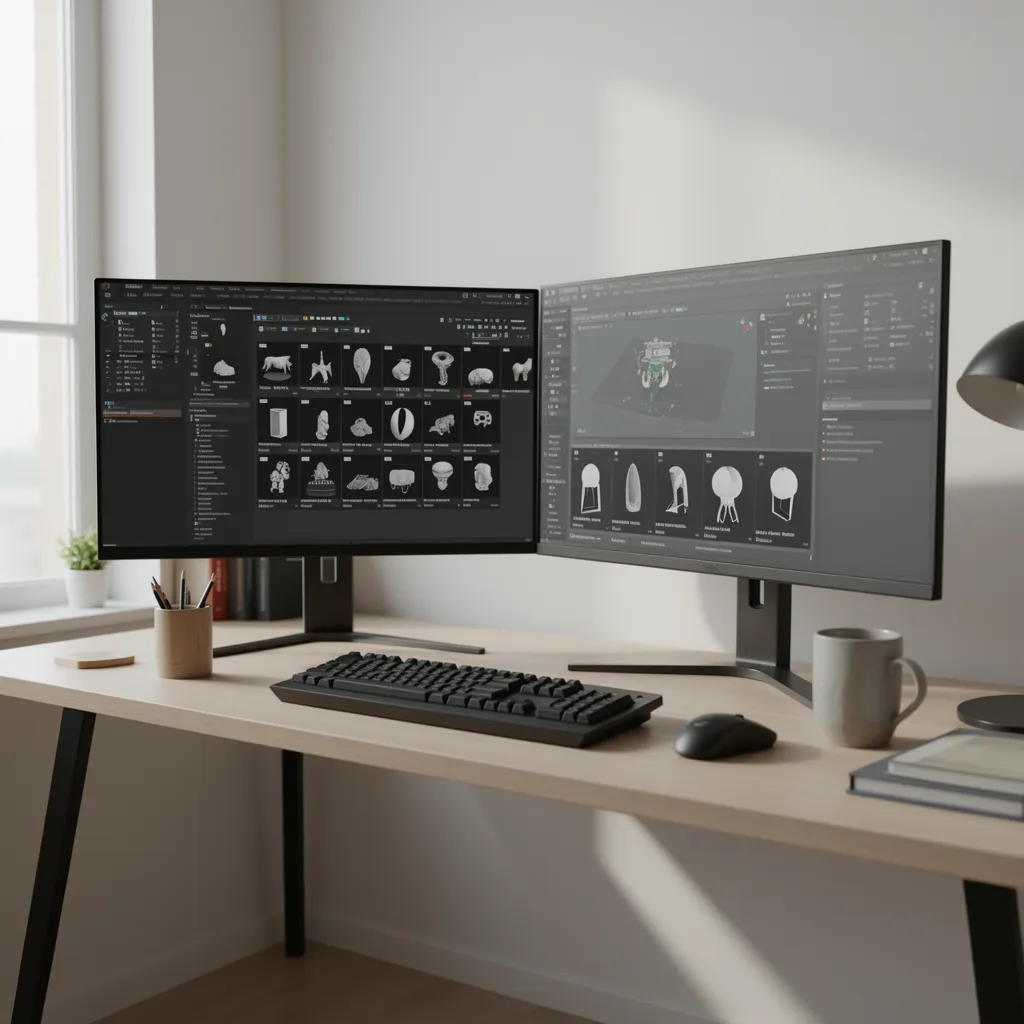 Designer browsing a large 3D model library on a computer