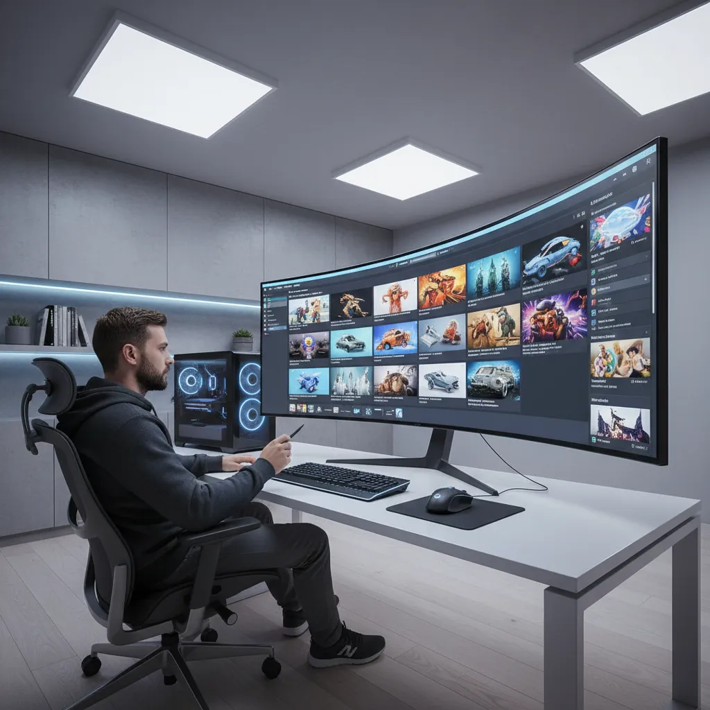 Digital artist reviewing 3D model listings and marketplace analytics on computer screen