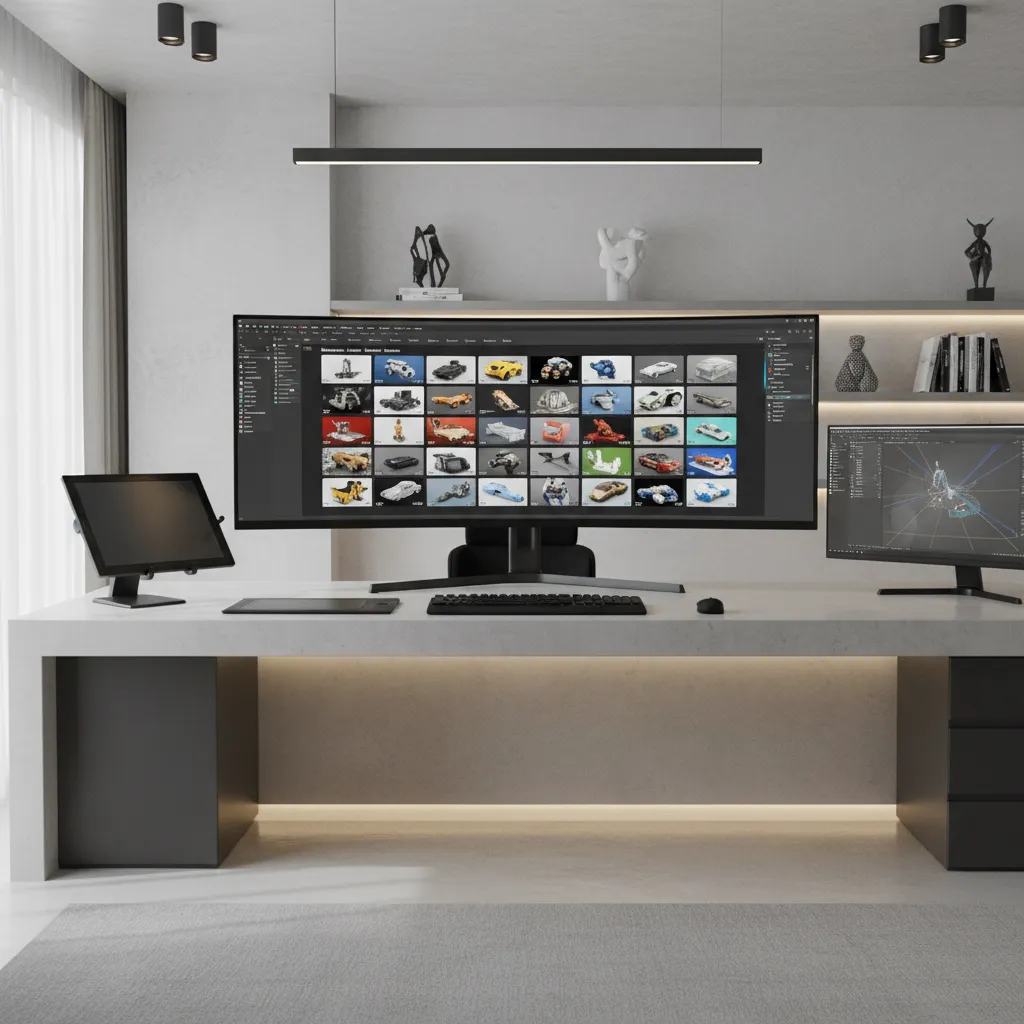 3D designer analyzing multiple 3D asset listings and preview thumbnails on marketplace dashboard