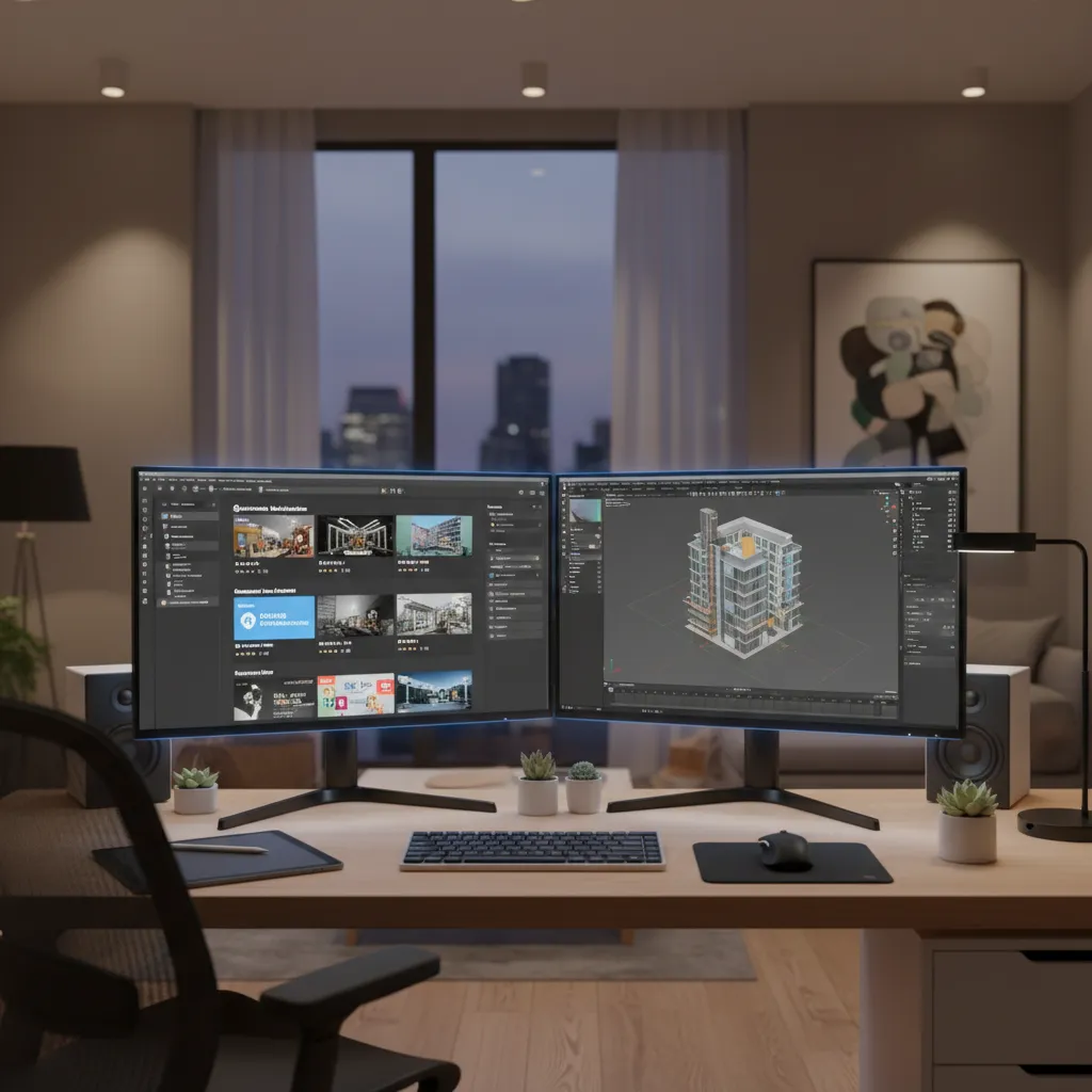 Side-by-side comparison of 3D marketplace platforms on a designer workstation