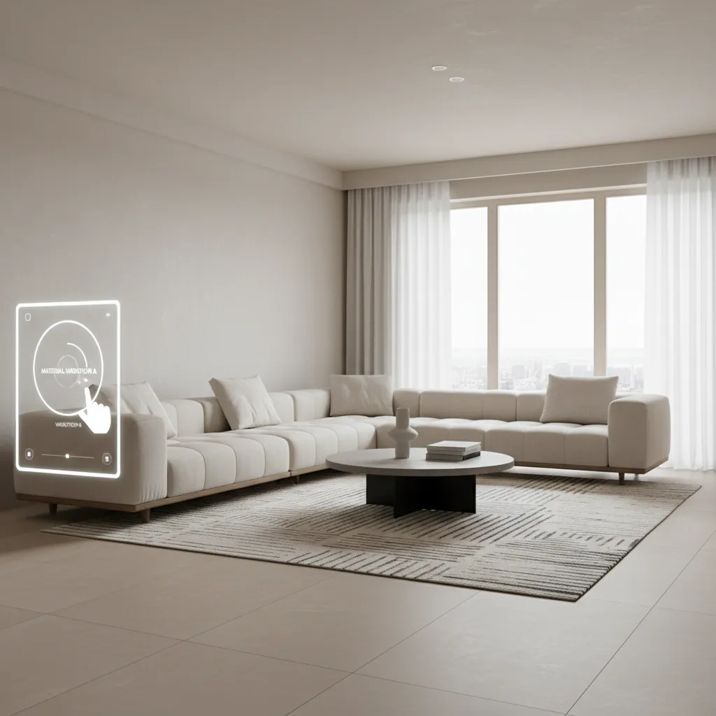 Interior 3D model showing different material options in a viewer app