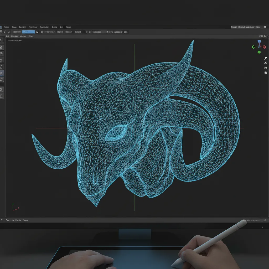 Close view of a high polygon 3D mesh model displayed in modeling software