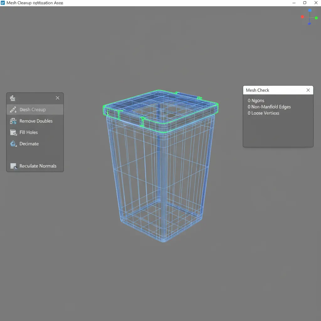 3d modeling viewport showing mesh cleanup and topology repair on a small bin model