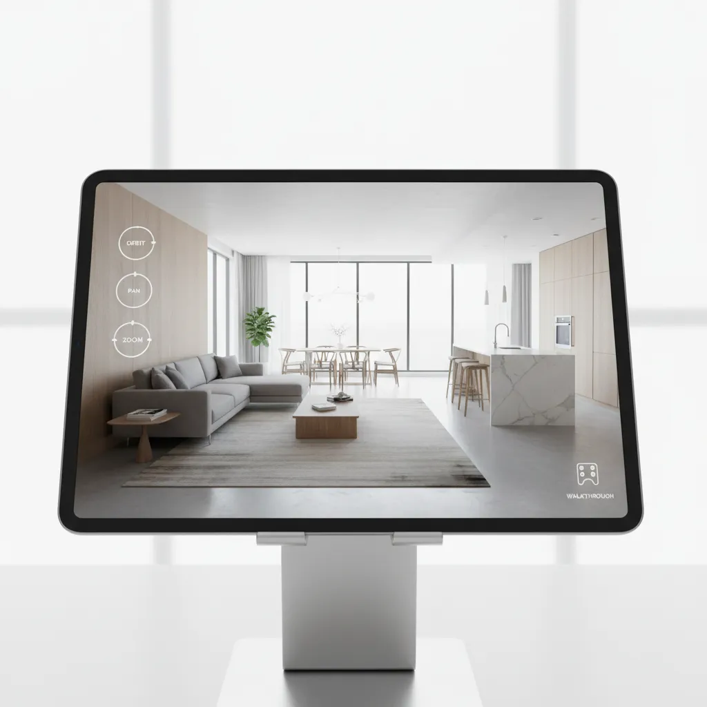 Tablet screen showing navigation controls for a 3D interior model viewer