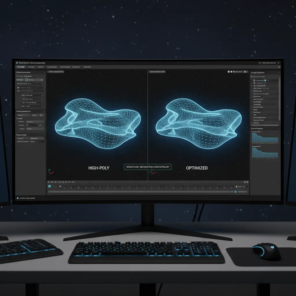 3D model optimization process showing polygon reduction and texture compression