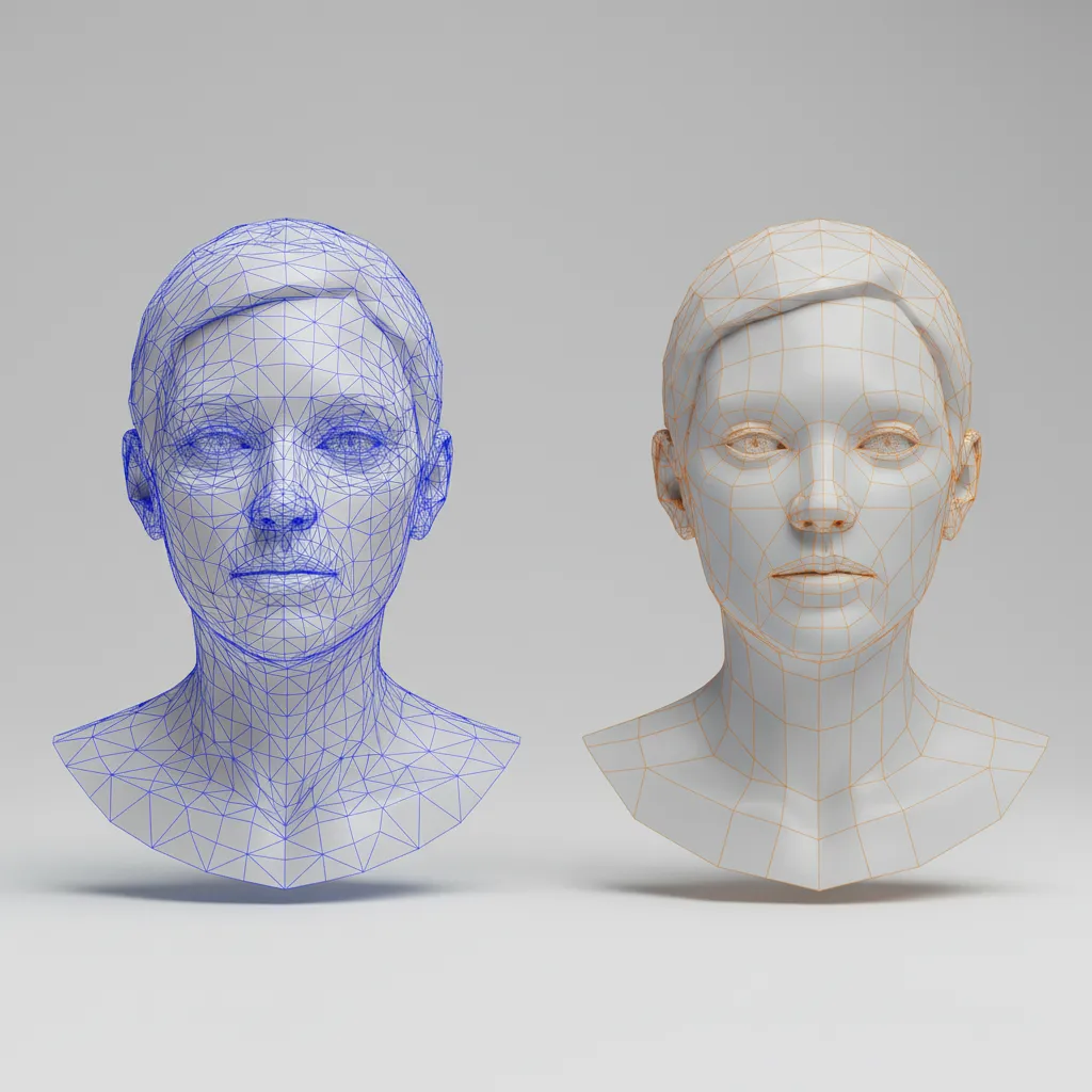 comparison of high polygon and optimized low polygon 3D model mesh