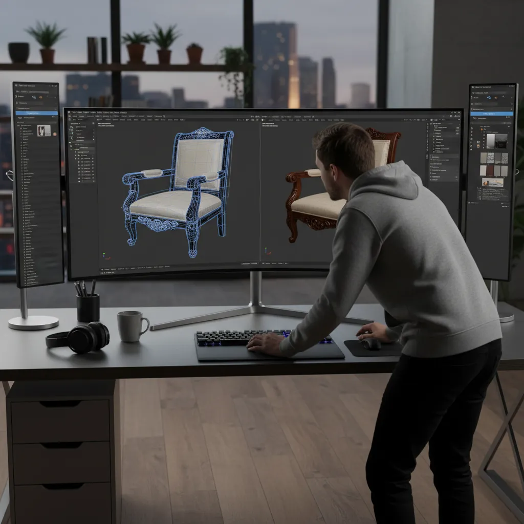 Designer inspecting topology scale and materials of a 3D model