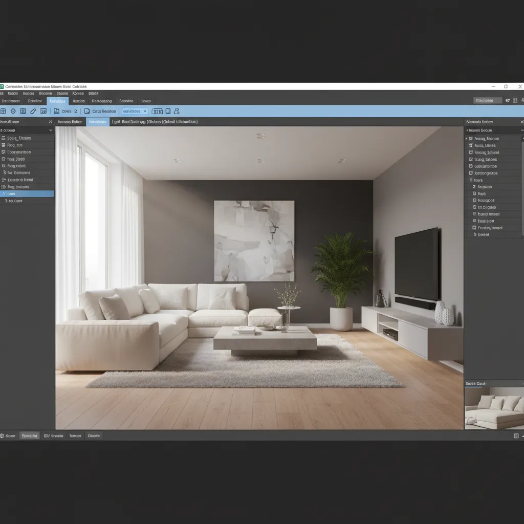 3D rendering software displaying a detailed interior scene before export to Photoshop