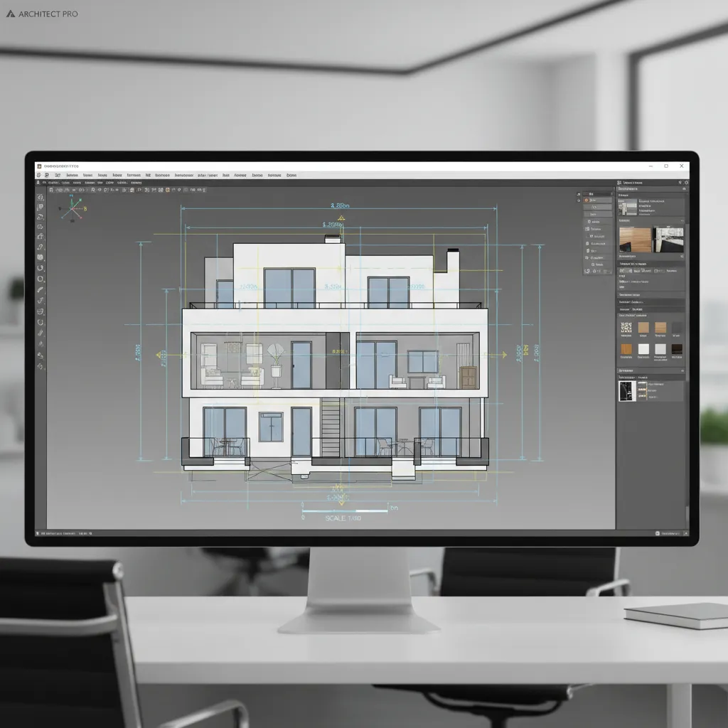 Architectural modeling interface showing floor plan scale calibration and measurement lines