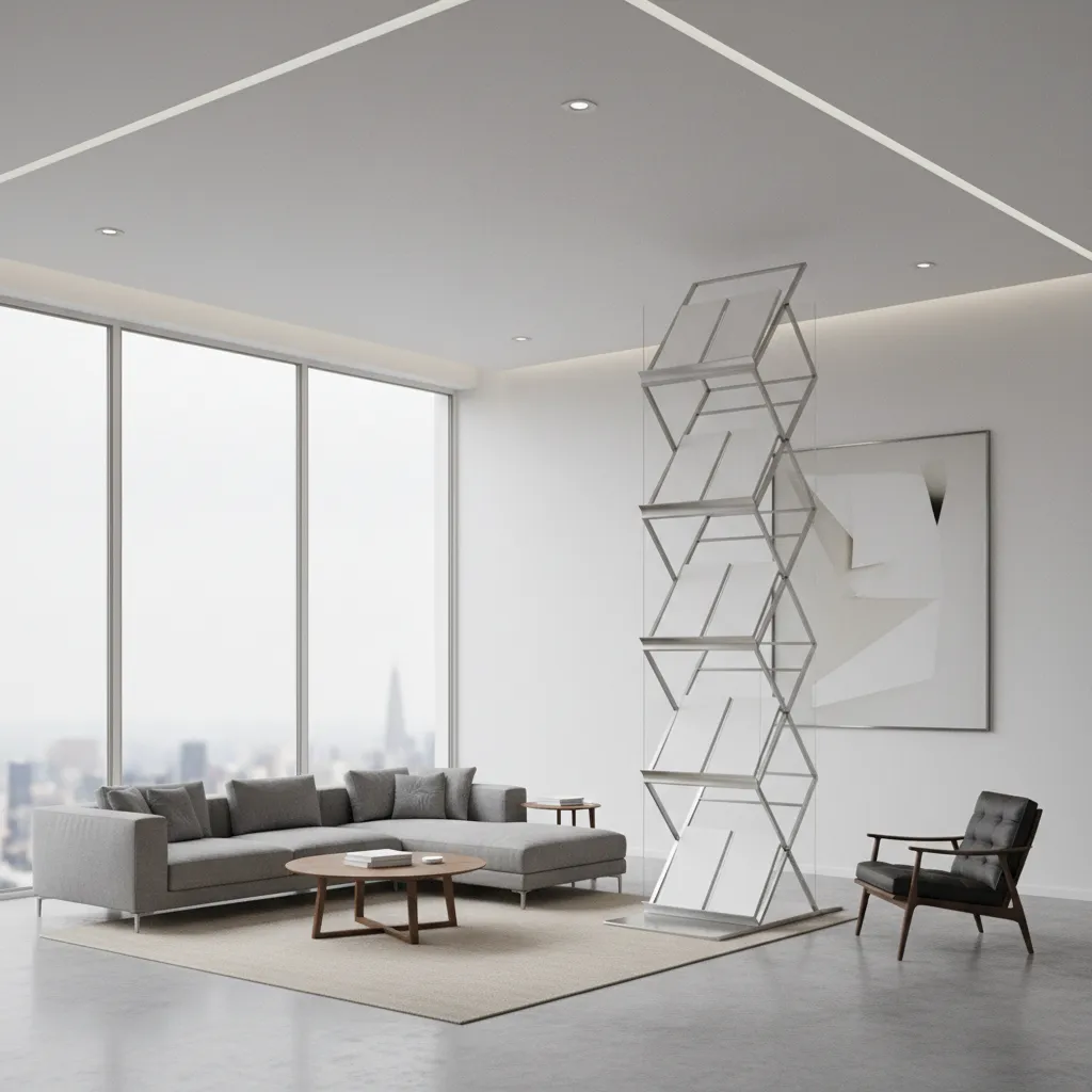 Scale comparison showing oversized brochure stand model inside a room scene
